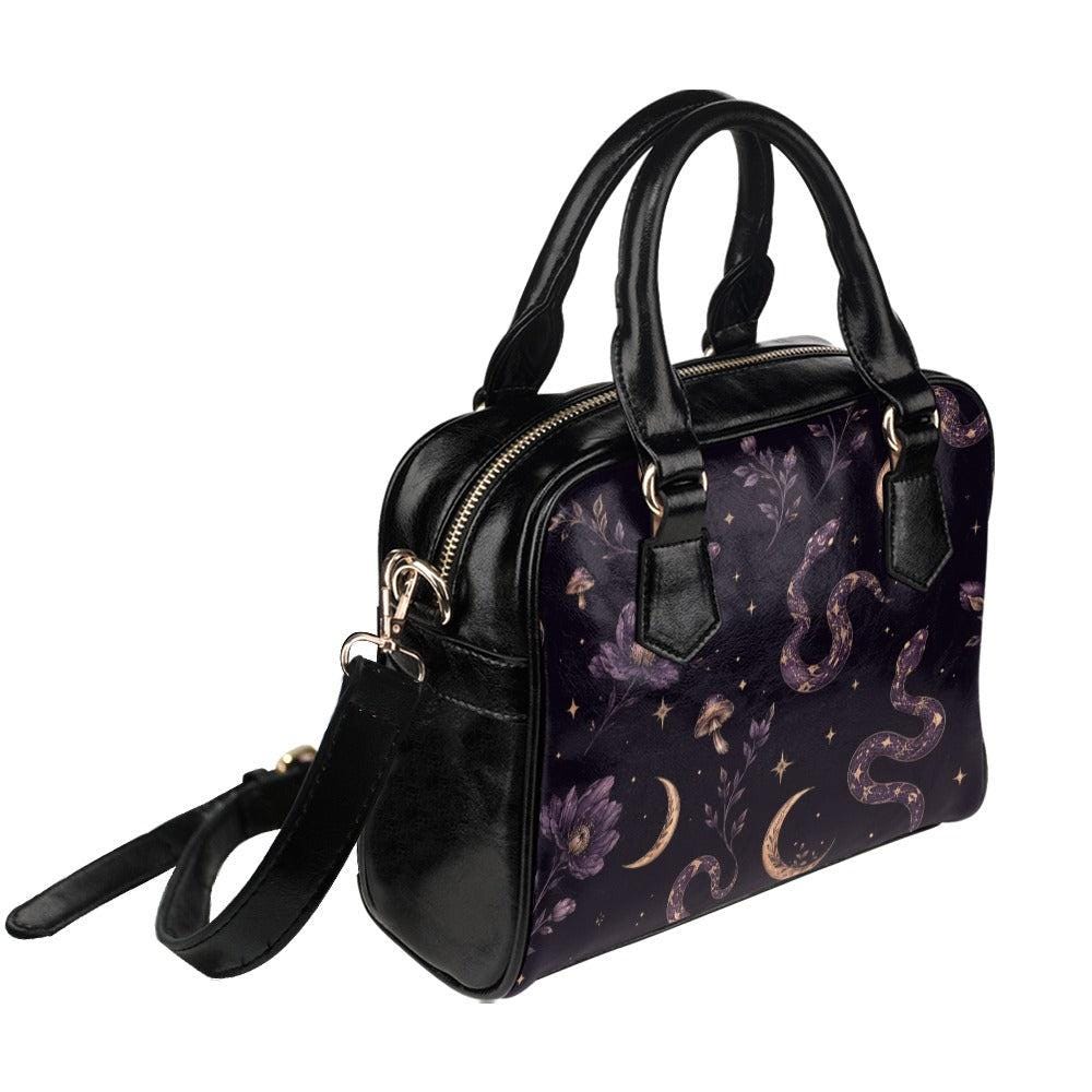 Celestial Snake Handbag, Witchy Moon Zip Top Purse, Purple Floral Serpent Print Satchel