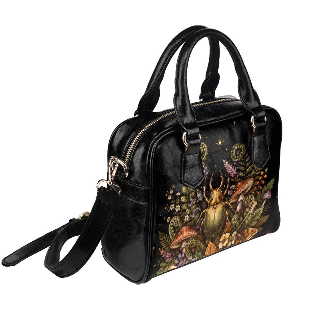 Beetle Mushroom Handbag, Dark Forest Botanical Shoulder Bag, Vegan Leather Crossbody Purse