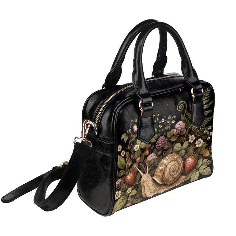Snail Print Handbag, Dark Botanical Satchel Purse, Strawberry Flowers, Woodland Cottagecore Bag