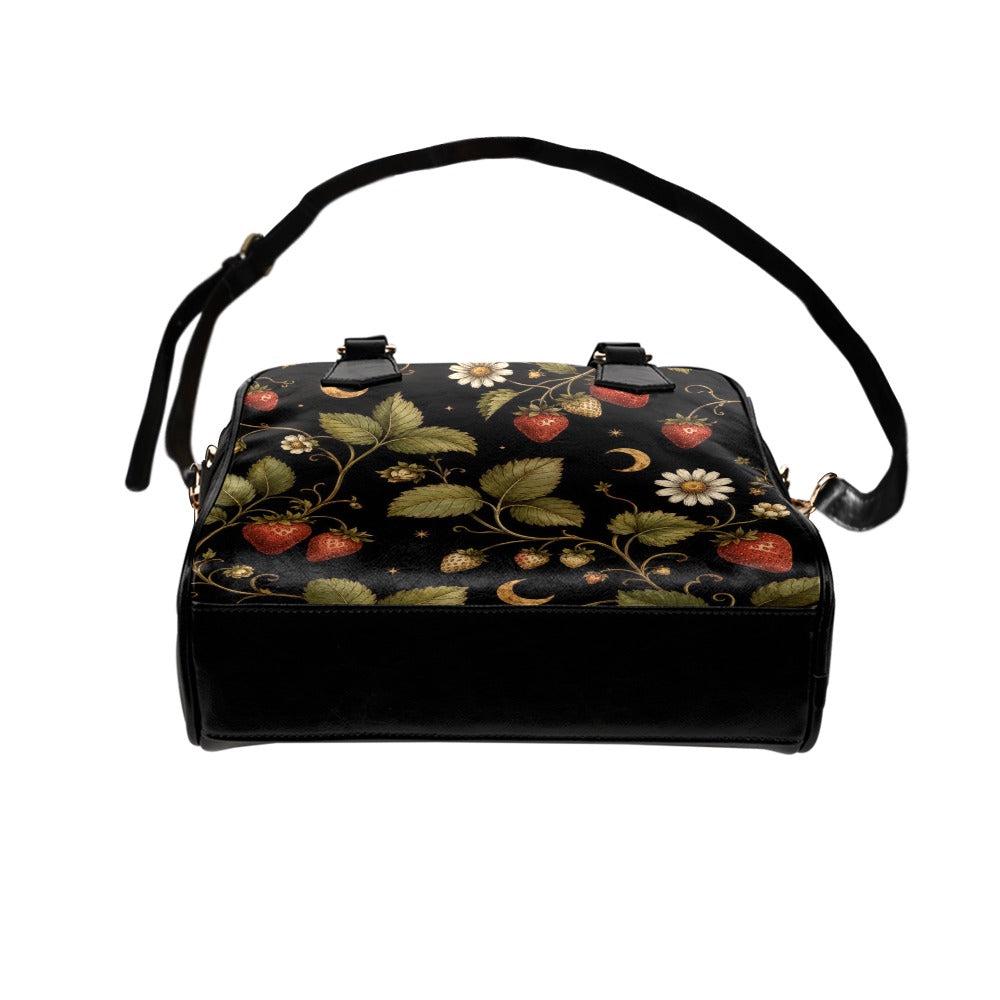 Black Strawberry Vines Daisy Moon Handbag, Cottagecore Botanical Satchel Purse