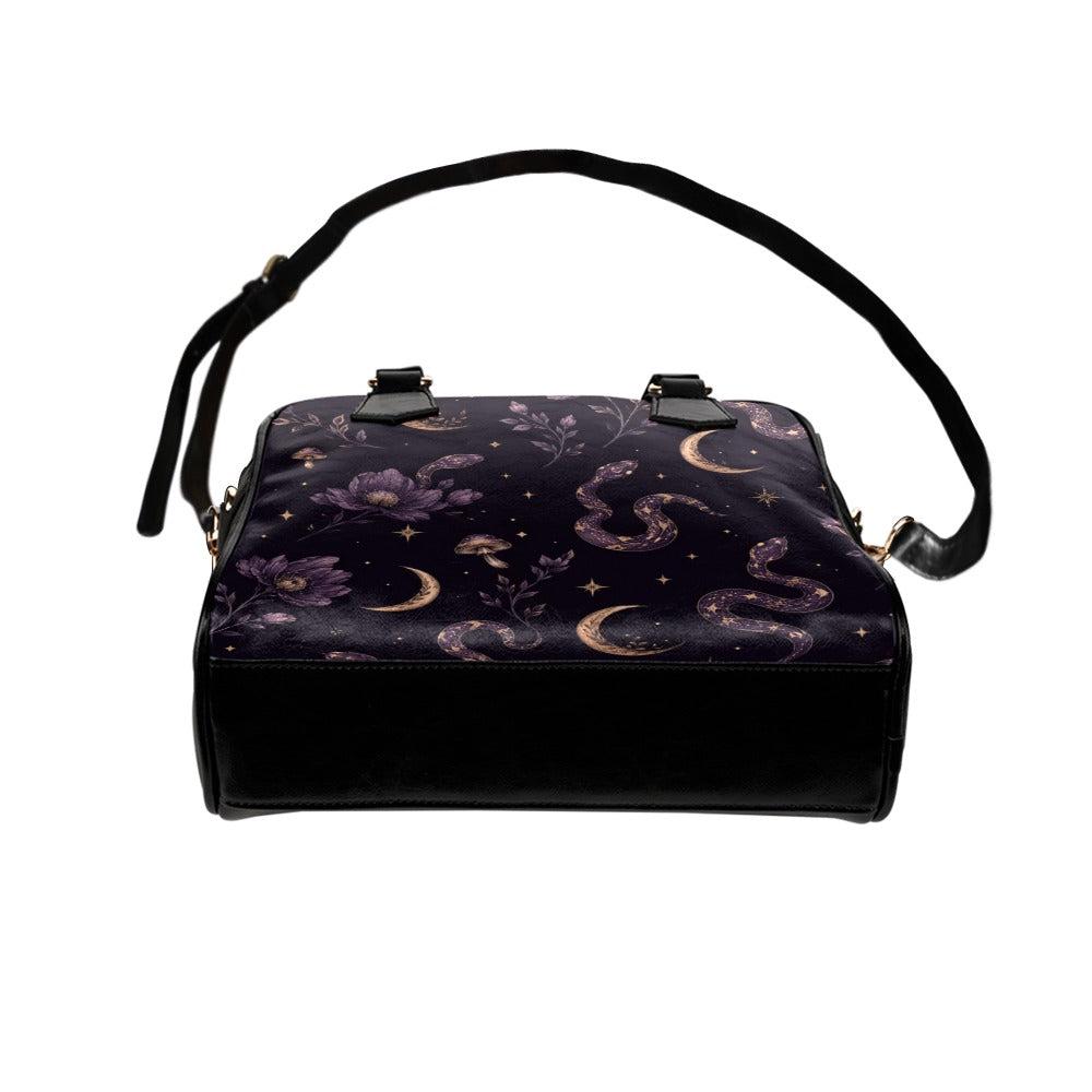 Celestial Snake Handbag, Witchy Moon Zip Top Purse, Purple Floral Serpent Print Satchel