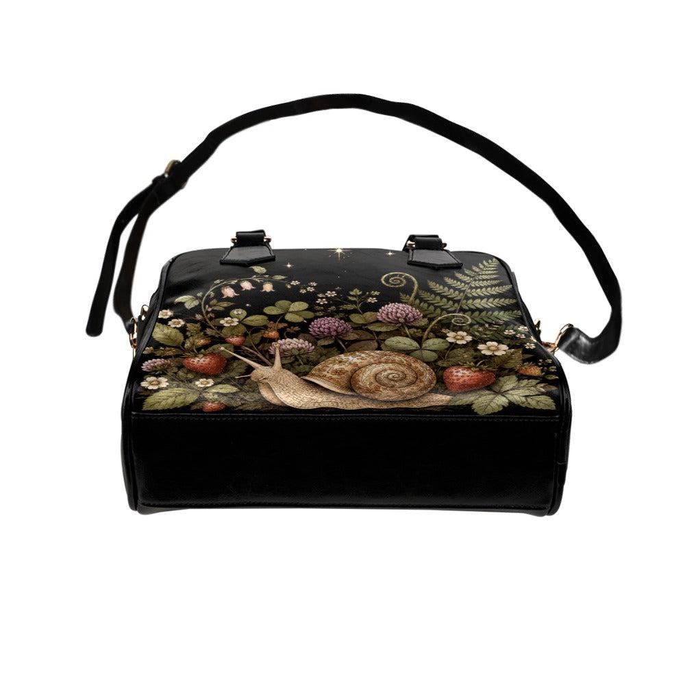 Snail Print Handbag, Dark Botanical Satchel Purse, Strawberry Flowers, Woodland Cottagecore Bag