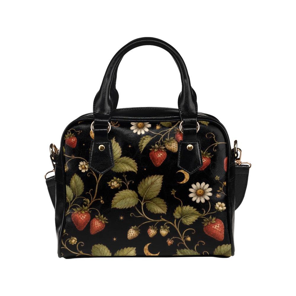 Black Strawberry Vines Daisy Moon Handbag, Cottagecore Botanical Satchel Purse