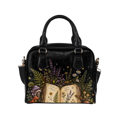 Botanical Book Purse, Witchy Garden Handbag With Open Journal Floral Print, Black Zip Top Shoulder Bag for Bookish Style