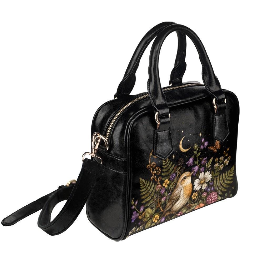 Bird Floral Handbag, Robin Moon Stars Dark Cottagecore Shoulder Bag