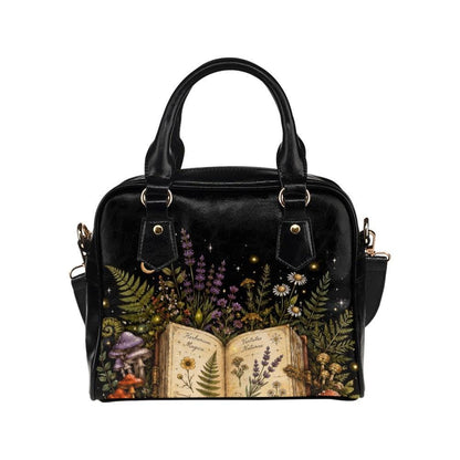 Botanical Book Purse, Witchy Garden Handbag With Open Journal Floral Print, Black Zip Top Shoulder Bag for Bookish Style