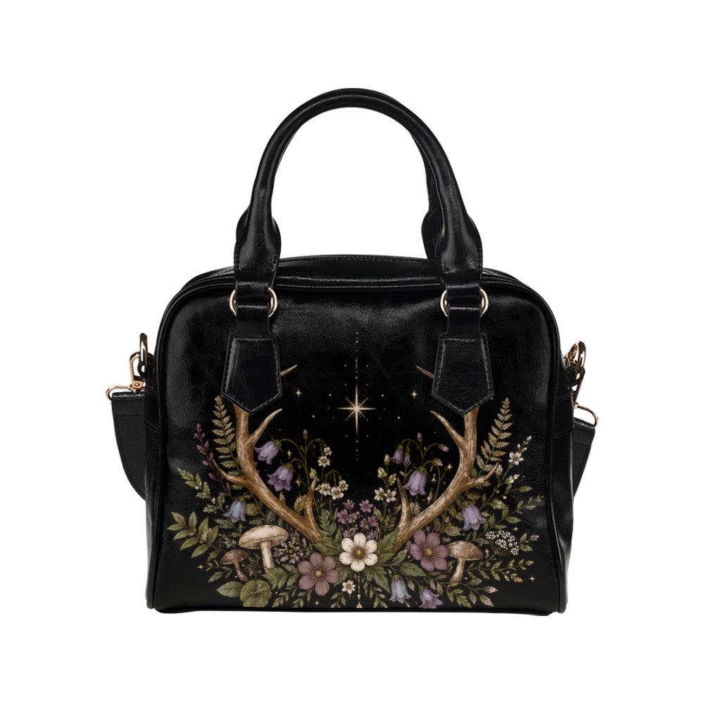 Antler Wildflower Satchel Bag, Forest Witch Mushroom Fern Celestial Print Purse
