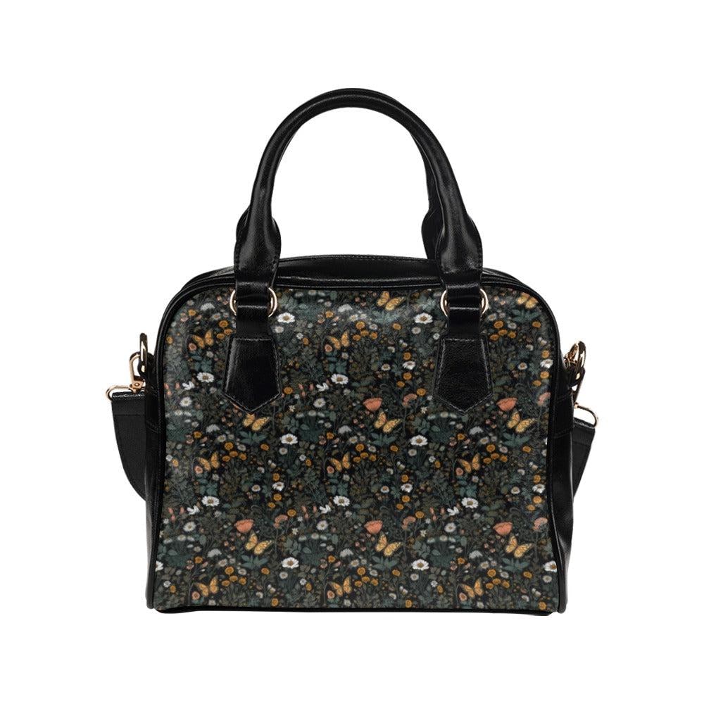 Dark Floral Butterfly Daisy Satchel Purse, Moody Cottagecore Crossbody Handbag