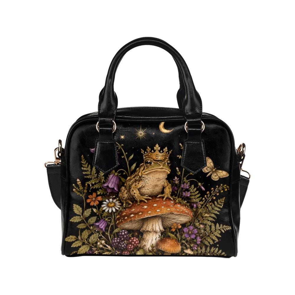 Fairycore Black Satchel Handbag, Crowned Frog Mushroom Forest Print, Witchy Woodland Crossbody Bag