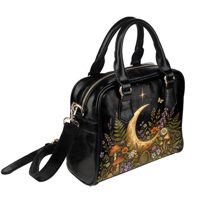 Crescent Moon Crossbody Purse, Celestial Black Handbag With Mushroom Floral Garden Print, Witchy Zip Top Bag With Handles