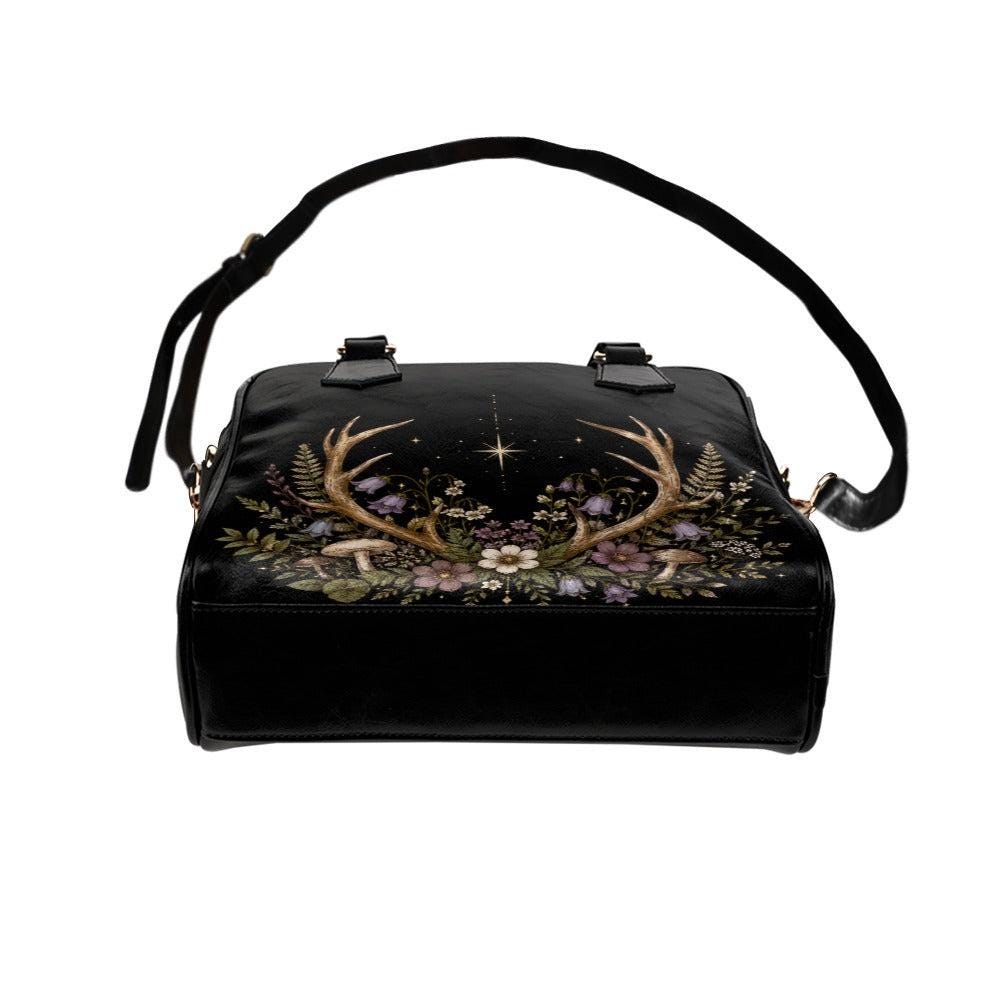 Antler Wildflower Satchel Bag, Forest Witch Mushroom Fern Celestial Print Purse