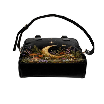 Crescent Moon Crossbody Purse, Celestial Black Handbag With Mushroom Floral Garden Print, Witchy Zip Top Bag With Handles