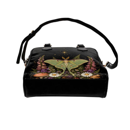 Luna Moth Handbag, Forest Moth Purse With Botanical Mushroom Floral Print, Black Shoulder Bag for Fairycore Nature Lovers