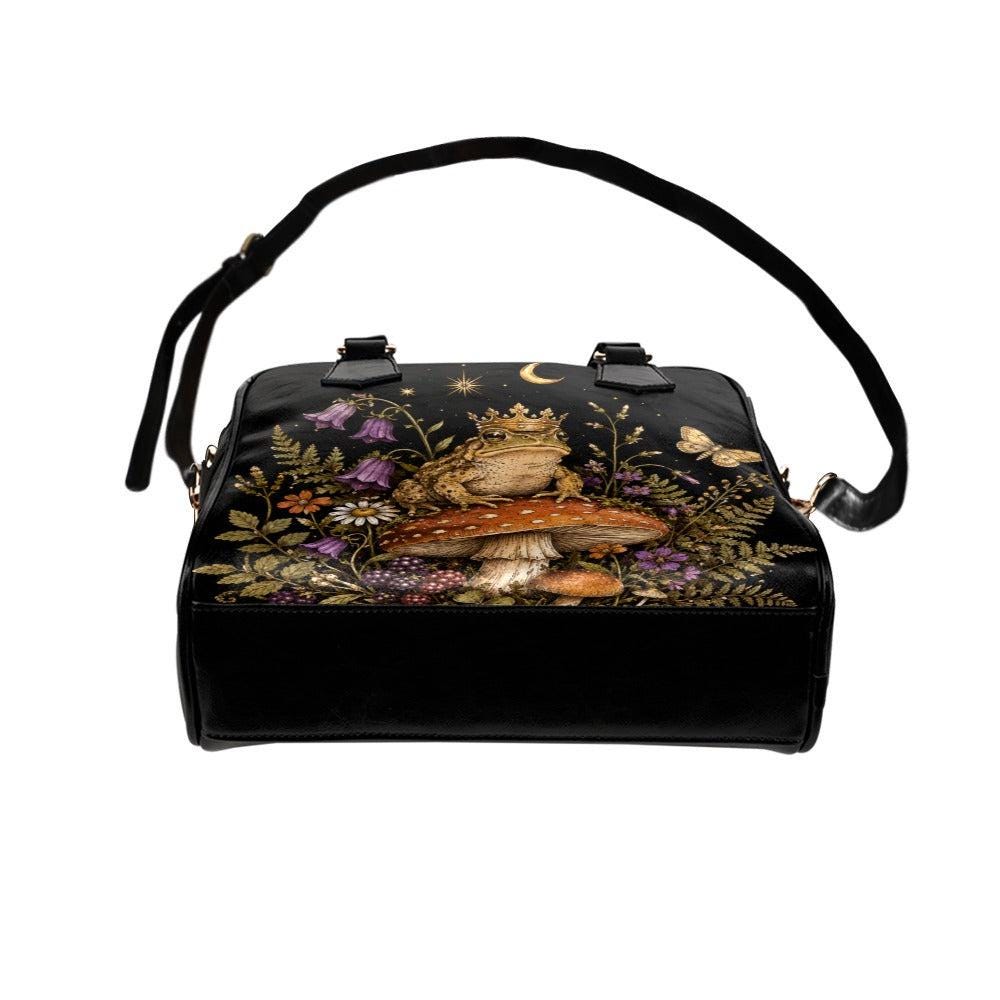 Fairycore Black Satchel Handbag, Crowned Frog Mushroom Forest Print, Witchy Woodland Crossbody Bag