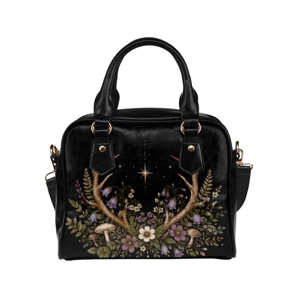 Antler Wildflower Satchel Bag, Forest Witch Mushroom Fern Celestial Print Purse