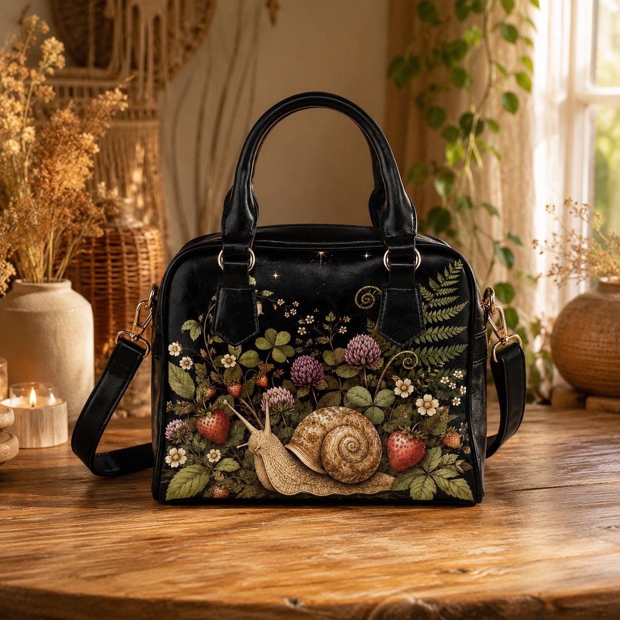 Snail Print Handbag, Dark Botanical Satchel Purse, Strawberry Flowers, Woodland Cottagecore Bag