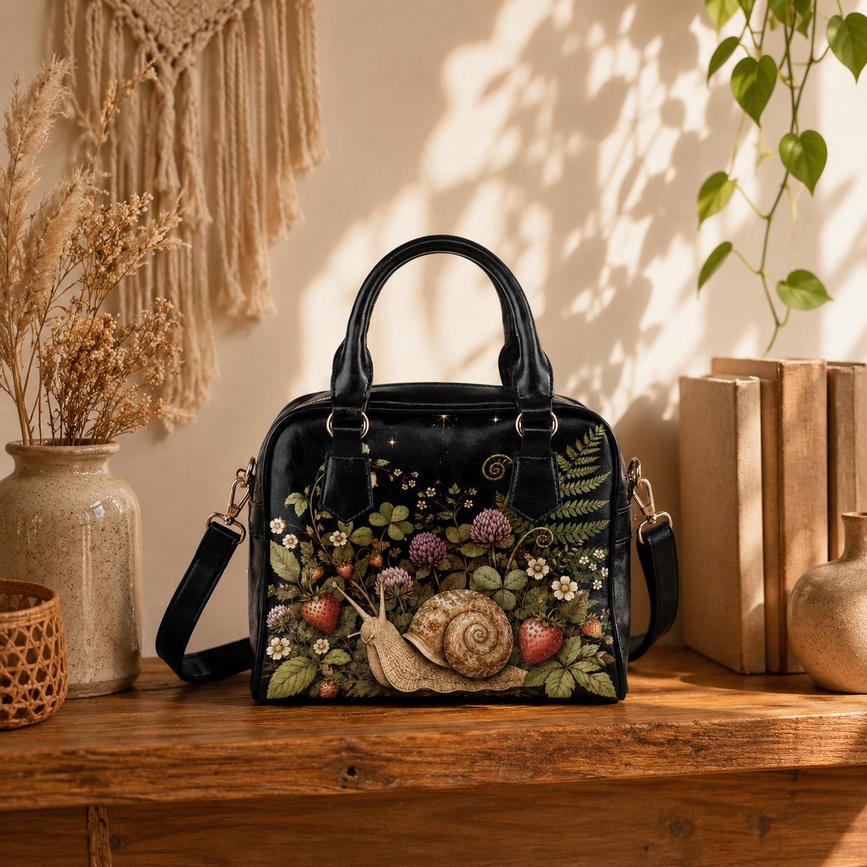 Snail Print Handbag, Dark Botanical Satchel Purse, Strawberry Flowers, Woodland Cottagecore Bag