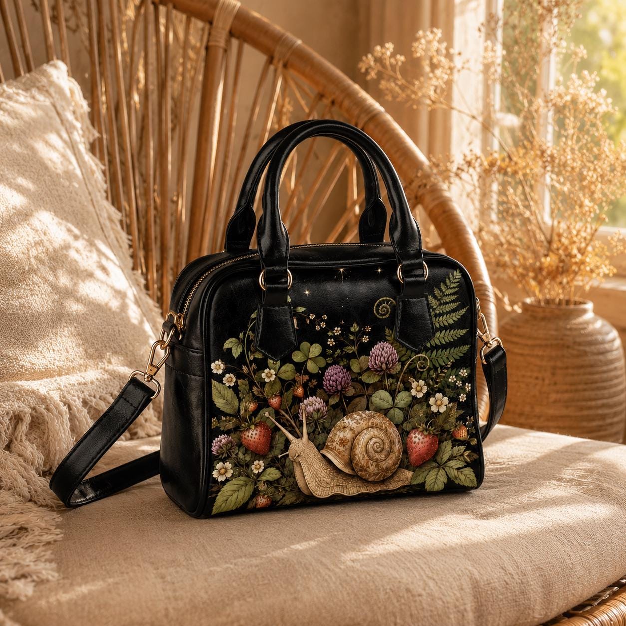 Snail Print Handbag, Dark Botanical Satchel Purse, Strawberry Flowers, Woodland Cottagecore Bag
