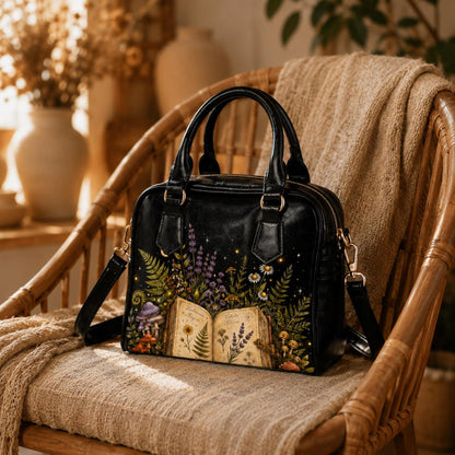 Botanical Book Purse, Witchy Garden Handbag With Open Journal Floral Print, Black Zip Top Shoulder Bag for Bookish Style