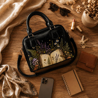 Botanical Book Purse, Witchy Garden Handbag With Open Journal Floral Print, Black Zip Top Shoulder Bag for Bookish Style