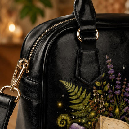 Botanical Book Purse, Witchy Garden Handbag With Open Journal Floral Print, Black Zip Top Shoulder Bag for Bookish Style