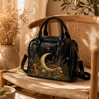 Crescent Moon Crossbody Purse, Celestial Black Handbag With Mushroom Floral Garden Print, Witchy Zip Top Bag With Handles