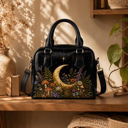 Crescent Moon Crossbody Purse, Celestial Black Handbag With Mushroom Floral Garden Print, Witchy Zip Top Bag With Handles