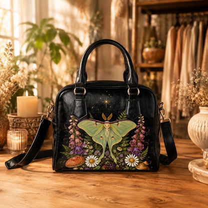Luna Moth Handbag, Forest Moth Purse With Botanical Mushroom Floral Print, Black Shoulder Bag for Fairycore Nature Lovers