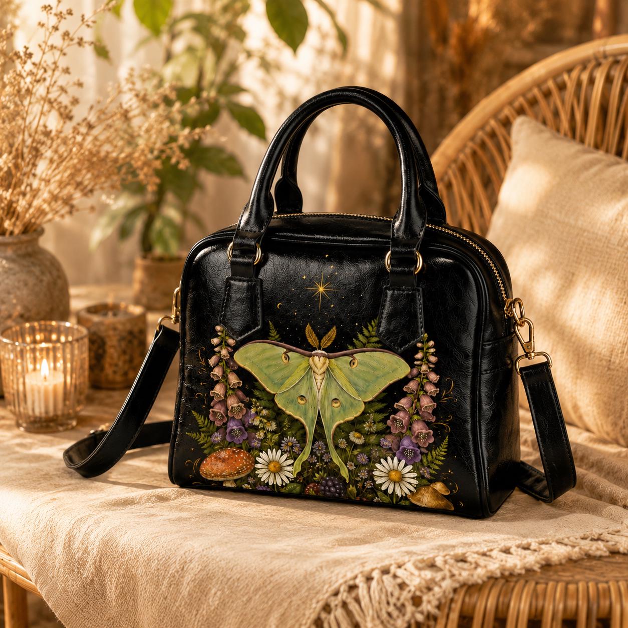 Luna Moth Handbag, Forest Moth Purse With Botanical Mushroom Floral Print, Black Shoulder Bag for Fairycore Nature Lovers