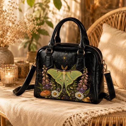 Luna Moth Handbag, Forest Moth Purse With Botanical Mushroom Floral Print, Black Shoulder Bag for Fairycore Nature Lovers