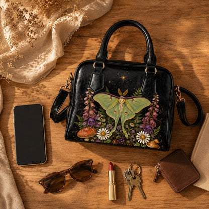 Luna Moth Handbag, Forest Moth Purse With Botanical Mushroom Floral Print, Black Shoulder Bag for Fairycore Nature Lovers