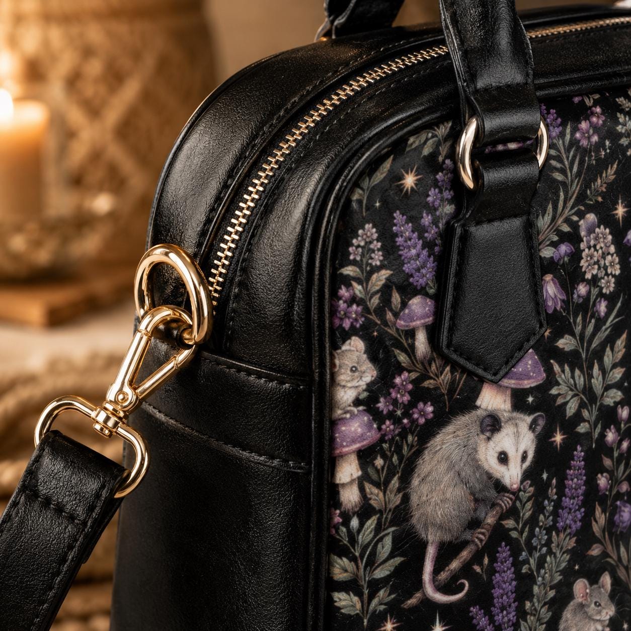 Woodland Animal Purse, Forest Creature Handbag With Rabbit Mouse Opossum Mushroom Floral Print, Black Cottagecore Satchel Bag