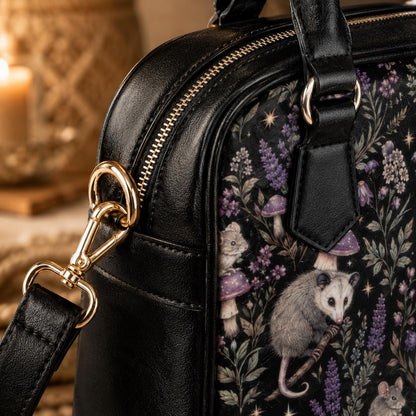 Woodland Animal Purse, Forest Creature Handbag With Rabbit Mouse Opossum Mushroom Floral Print, Black Cottagecore Satchel Bag
