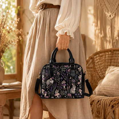 Woodland Animal Purse, Forest Creature Handbag With Rabbit Mouse Opossum Mushroom Floral Print, Black Cottagecore Satchel Bag
