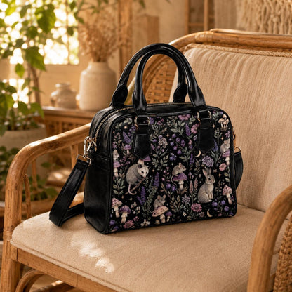 Woodland Animal Purse, Forest Creature Handbag With Rabbit Mouse Opossum Mushroom Floral Print, Black Cottagecore Satchel Bag