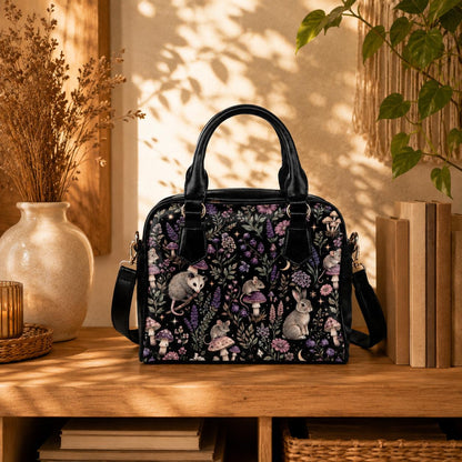 Woodland Animal Purse, Forest Creature Handbag With Rabbit Mouse Opossum Mushroom Floral Print, Black Cottagecore Satchel Bag