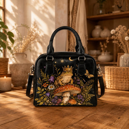 Fairycore Black Satchel Handbag, Crowned Frog Mushroom Forest Print, Witchy Woodland Crossbody Bag