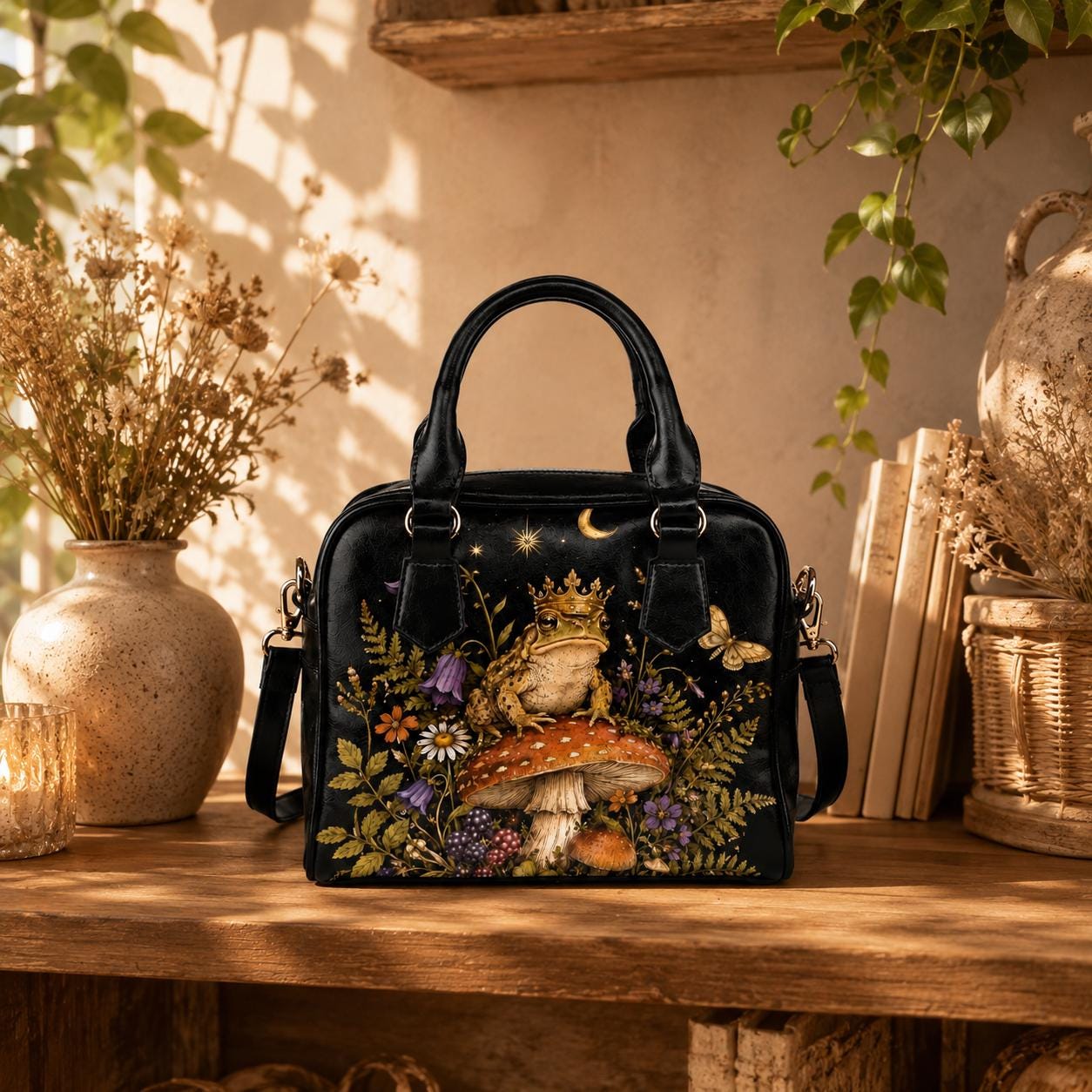 Fairycore Black Satchel Handbag, Crowned Frog Mushroom Forest Print, Witchy Woodland Crossbody Bag