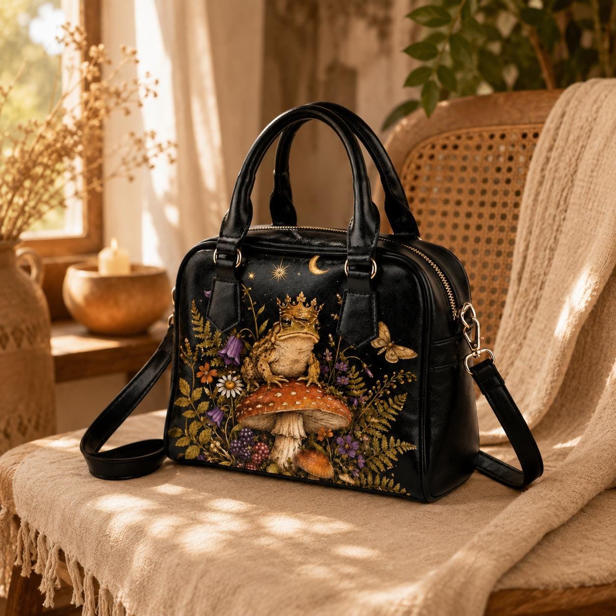 Fairycore Black Satchel Handbag, Crowned Frog Mushroom Forest Print, Witchy Woodland Crossbody Bag