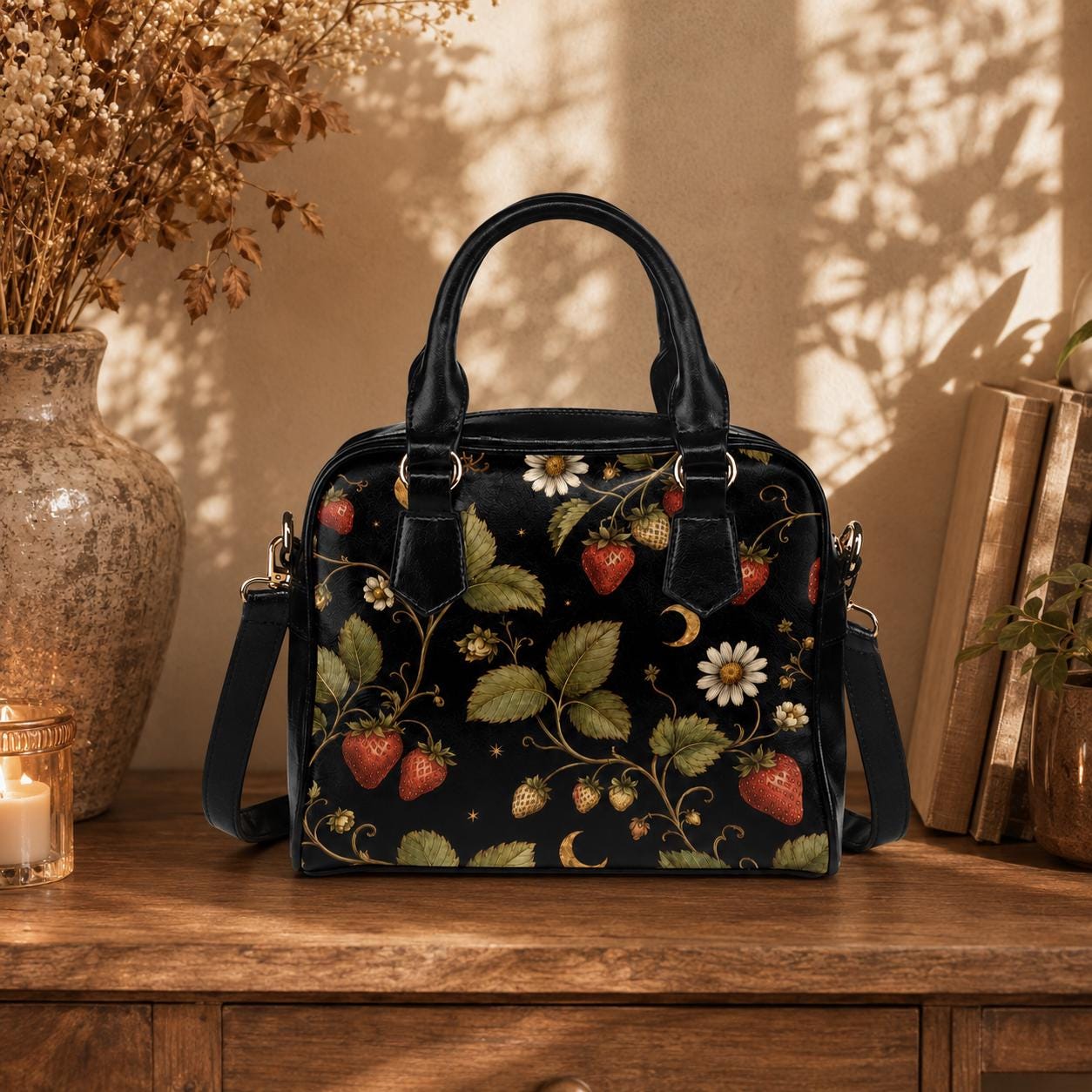 Black Strawberry Vines Daisy Moon Handbag, Cottagecore Botanical Satchel Purse