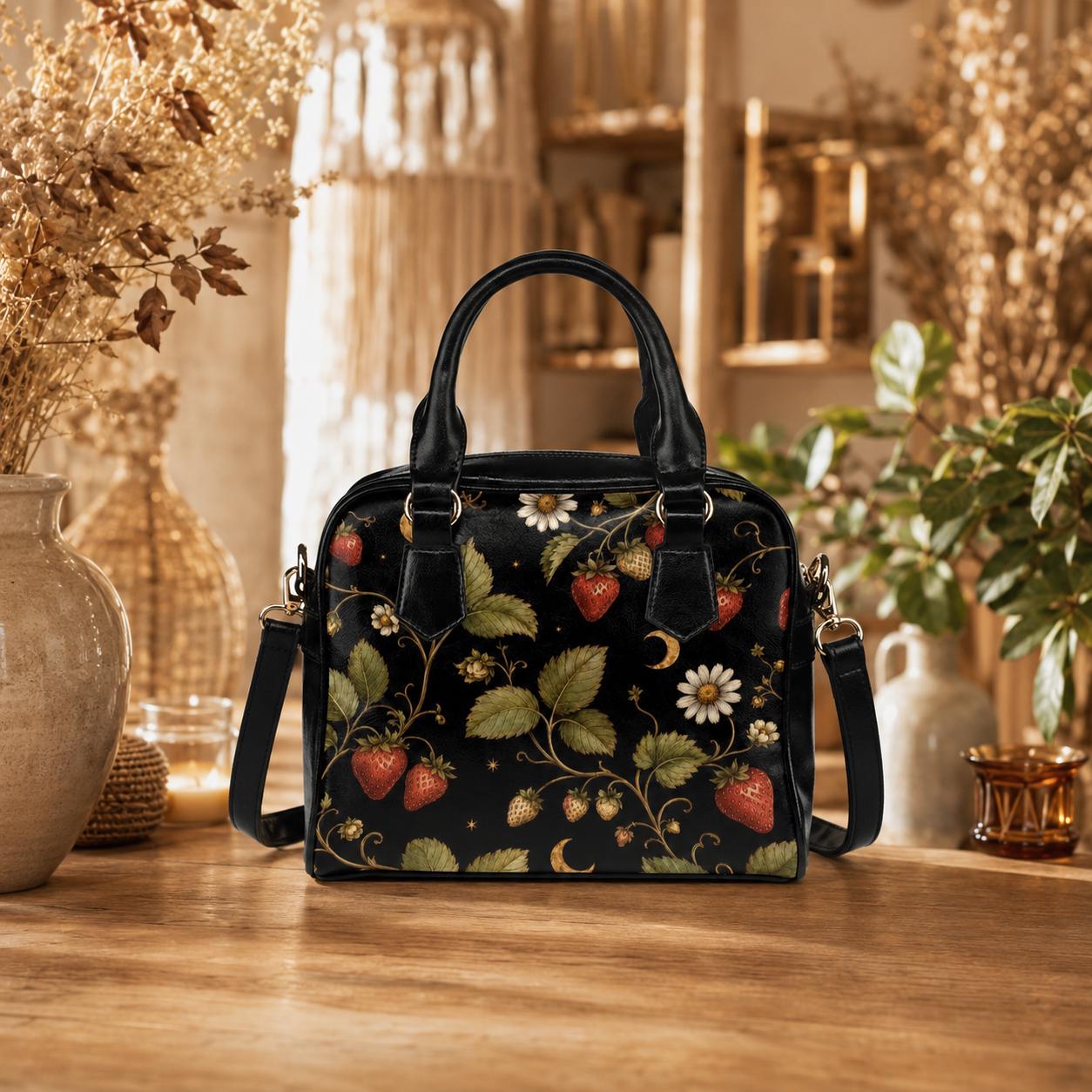 Black Strawberry Vines Daisy Moon Handbag, Cottagecore Botanical Satchel Purse