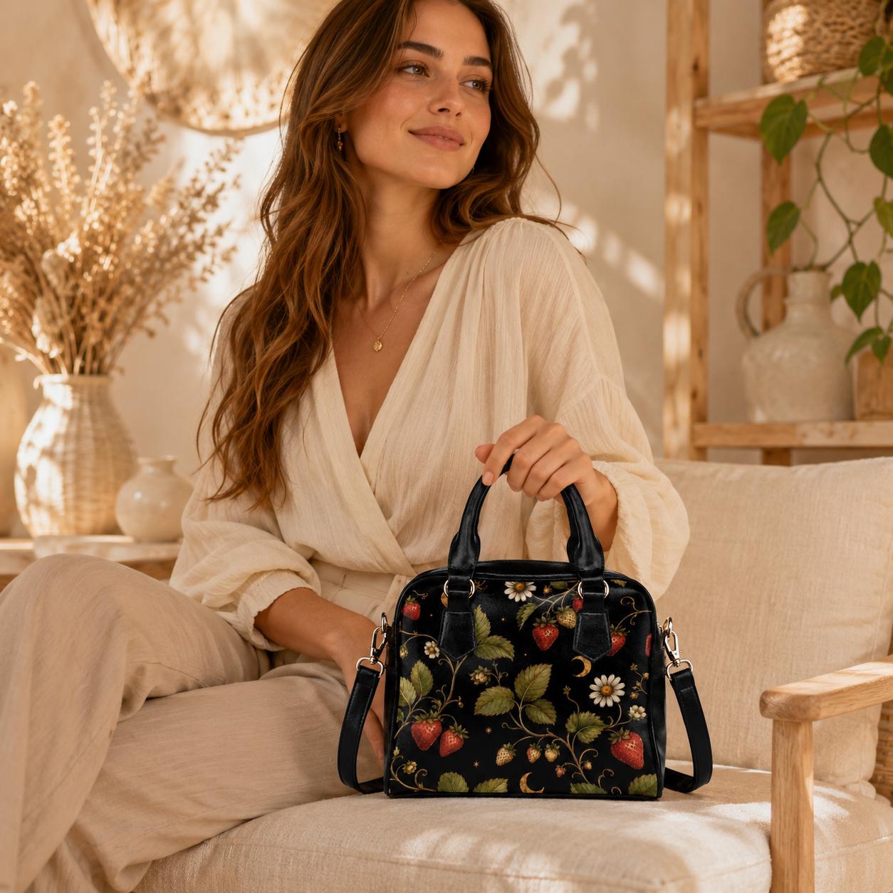 Black Strawberry Vines Daisy Moon Handbag, Cottagecore Botanical Satchel Purse