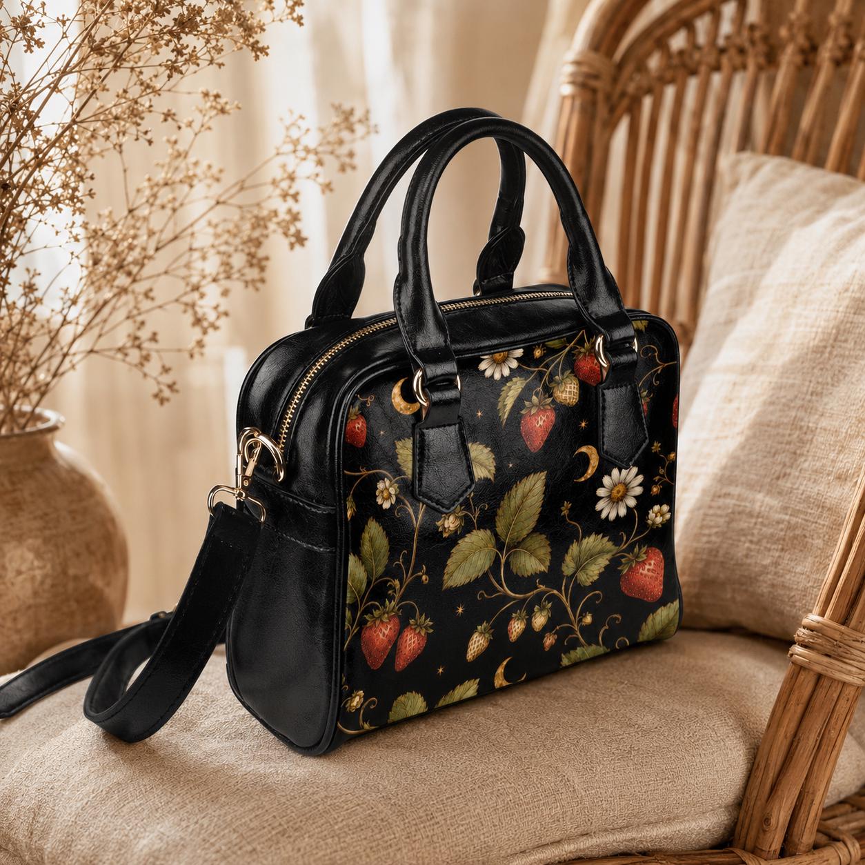 Black Strawberry Vines Daisy Moon Handbag, Cottagecore Botanical Satchel Purse