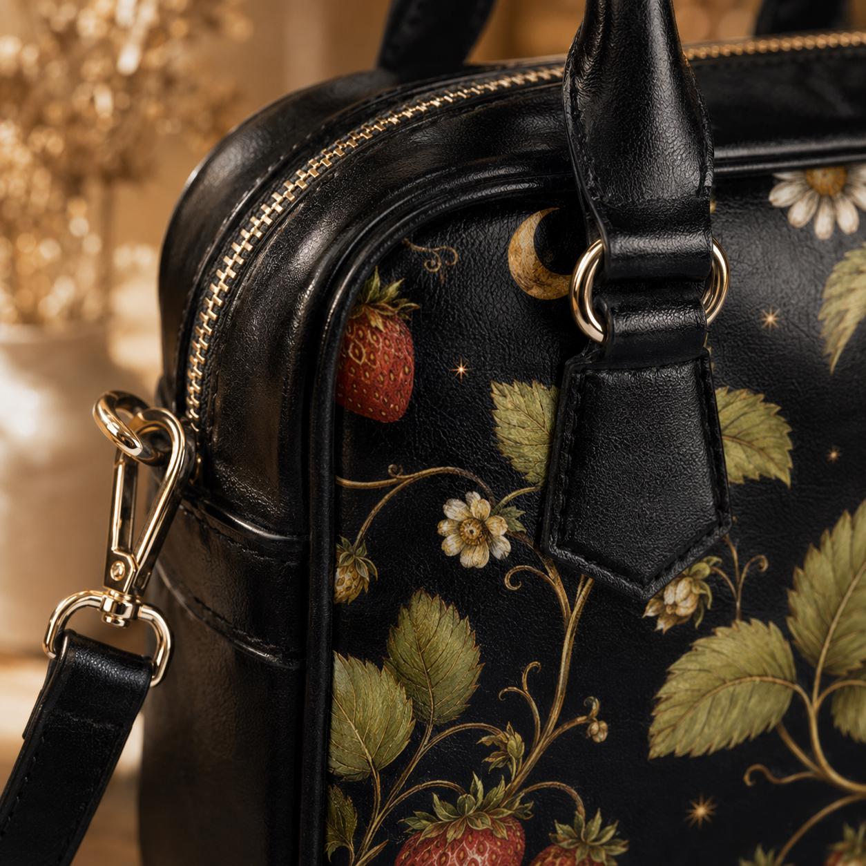 Black Strawberry Vines Daisy Moon Handbag, Cottagecore Botanical Satchel Purse