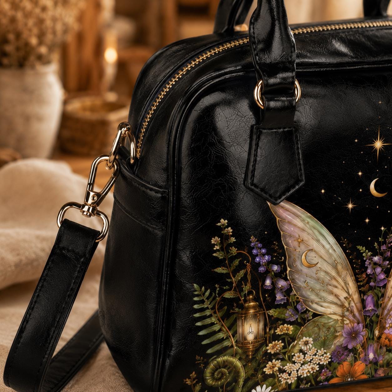 Fairycore Crossbody Bag, Moon Fairy Wings, Fern Garden Print Handbag, Vegan Leather Shoulder Purse