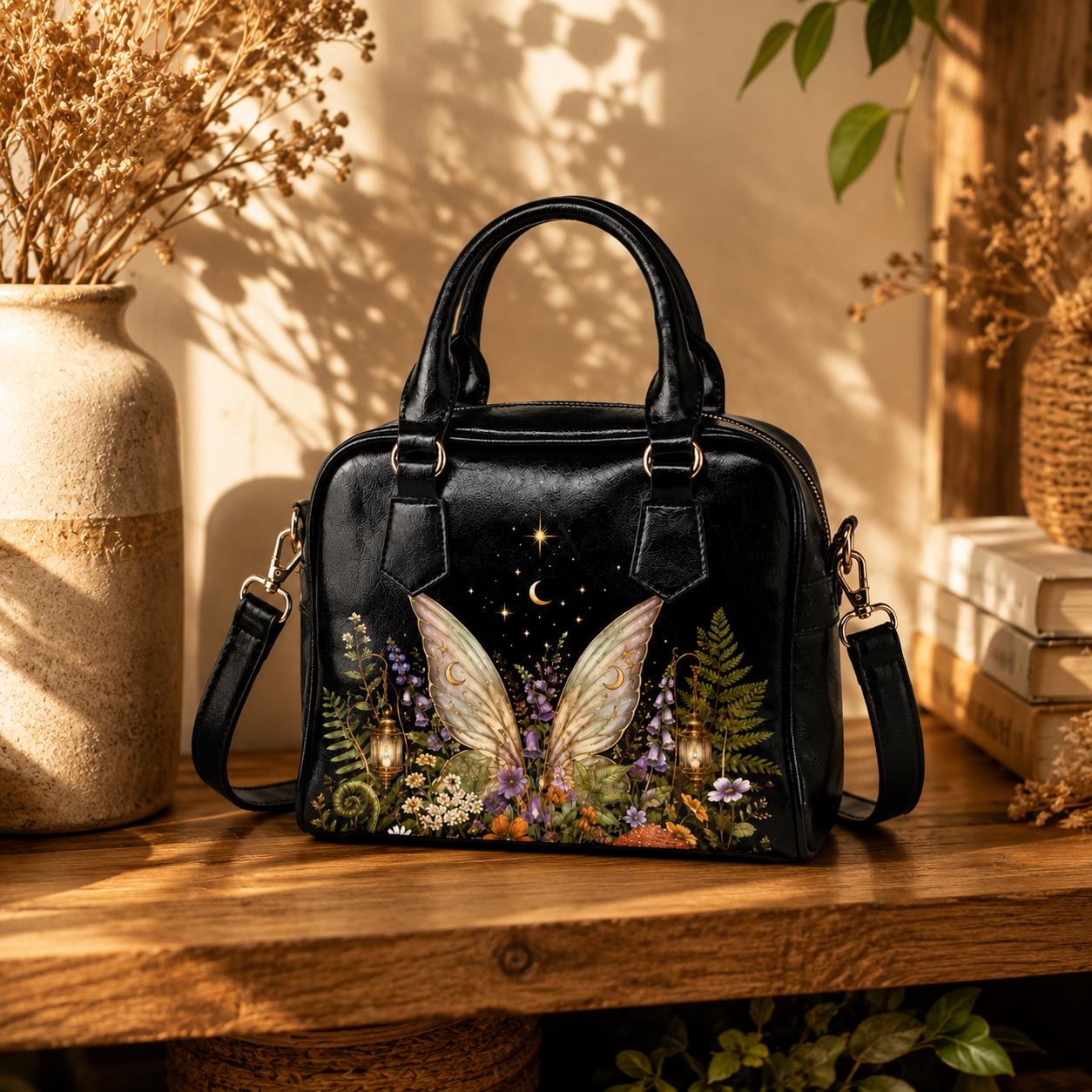 Fairycore Crossbody Bag, Moon Fairy Wings, Fern Garden Print Handbag, Vegan Leather Shoulder Purse