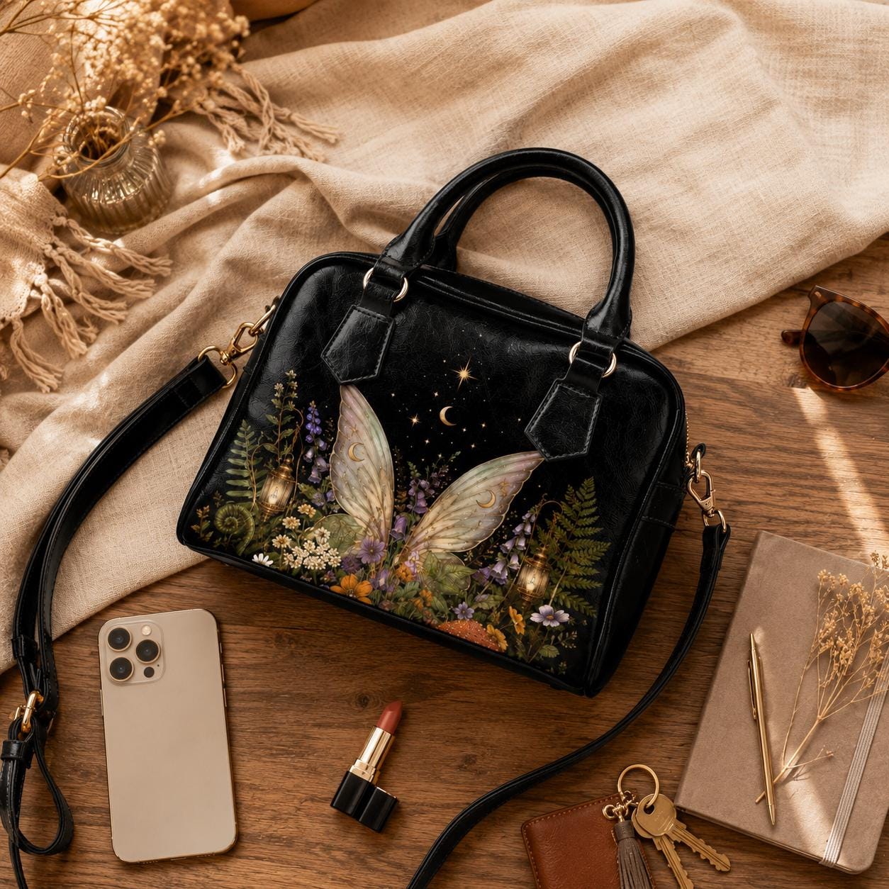 Fairycore Crossbody Bag, Moon Fairy Wings, Fern Garden Print Handbag, Vegan Leather Shoulder Purse