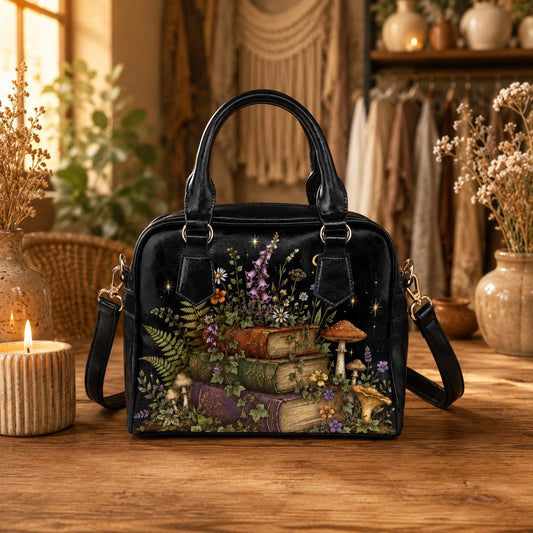 Mushroom Book Satchel, Cottagecore Forest Floral Handbag, Woodland Book Lover Bag