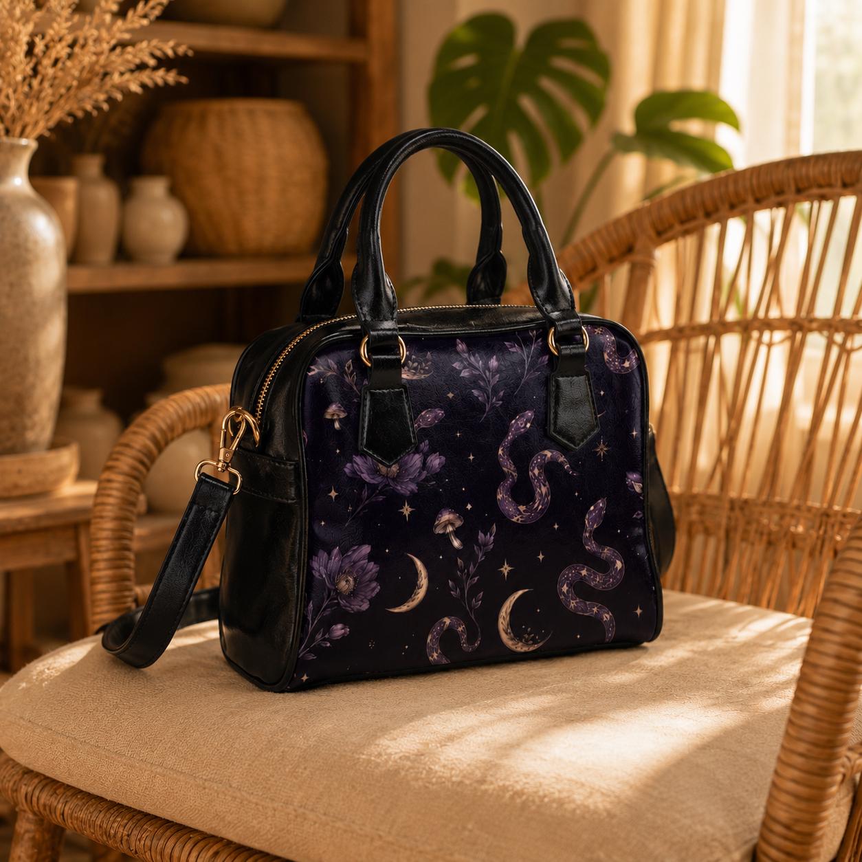 Celestial Snake Handbag, Witchy Moon Zip Top Purse, Purple Floral Serpent Print Satchel