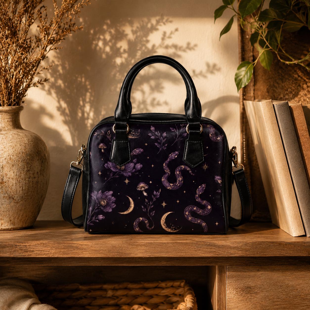 Celestial Snake Handbag, Witchy Moon Zip Top Purse, Purple Floral Serpent Print Satchel